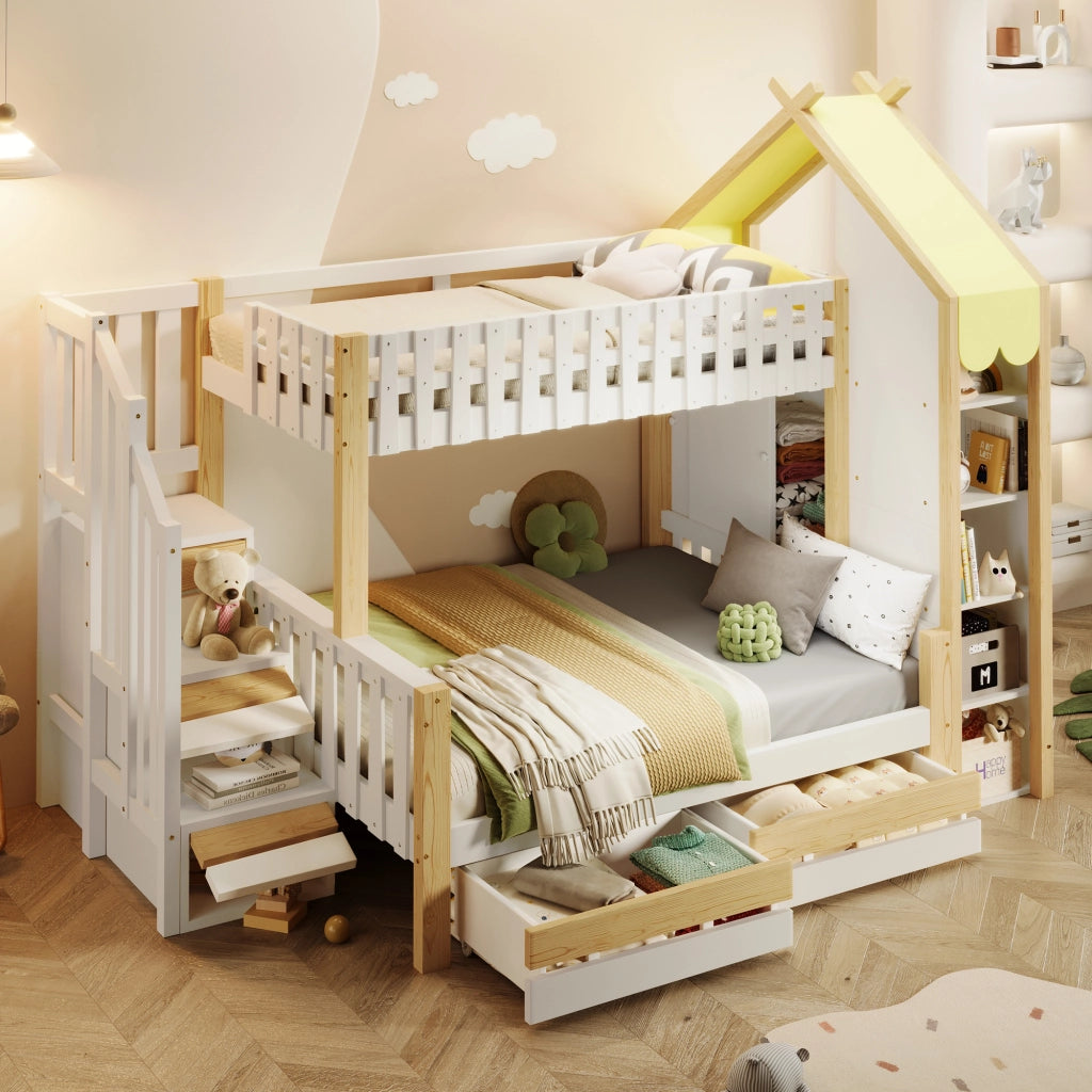 Letto a castello per bambini con tetto; 90x200 e 140x200 cm; in pino; bianco e naturale
