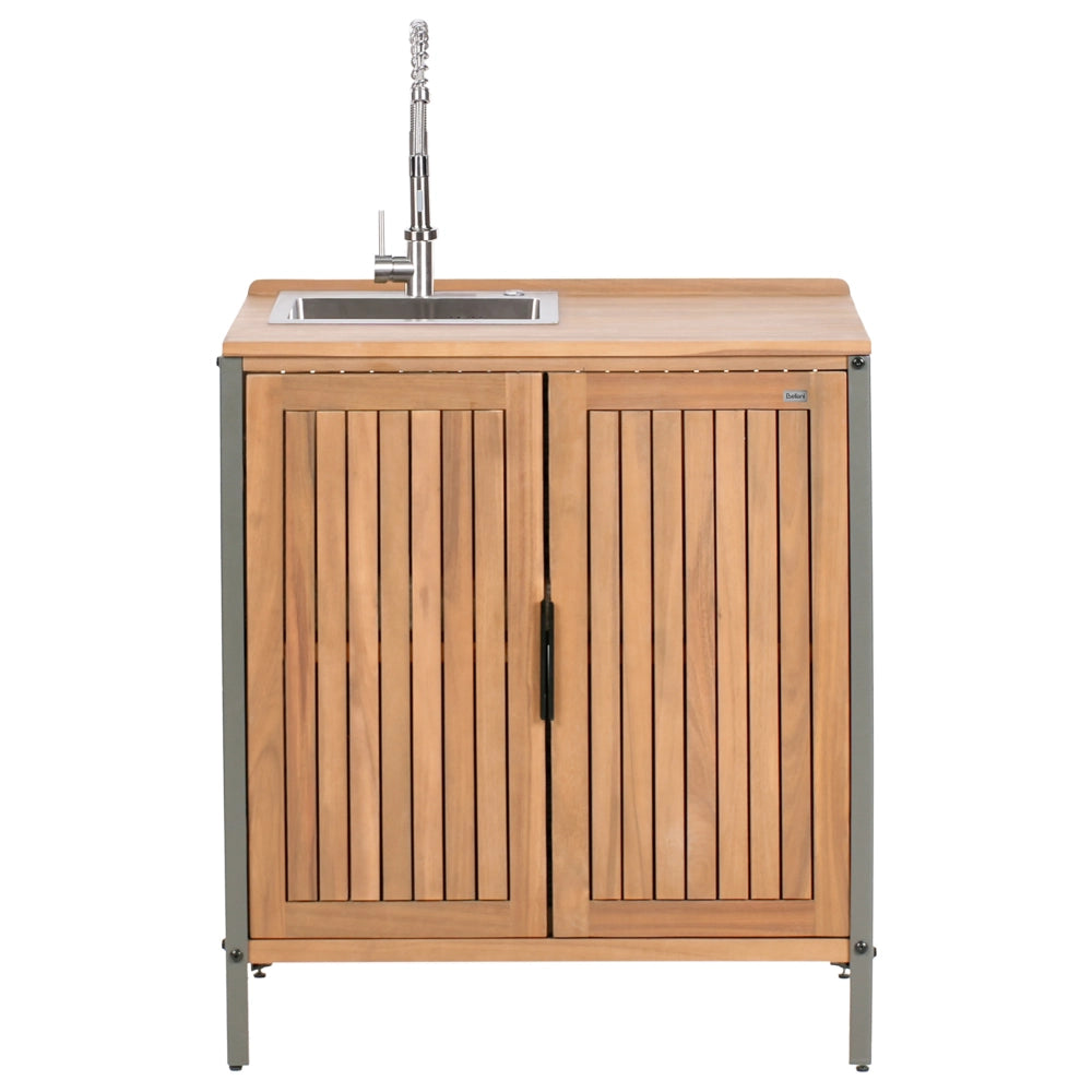 Mobile da giardino in legno di acacia a 2 ante e 2 ripiani con lavello e rubinetto 50 x 80 x 92 cm Piano in legno massiccio Marrone Giardino Cucina Pranzo