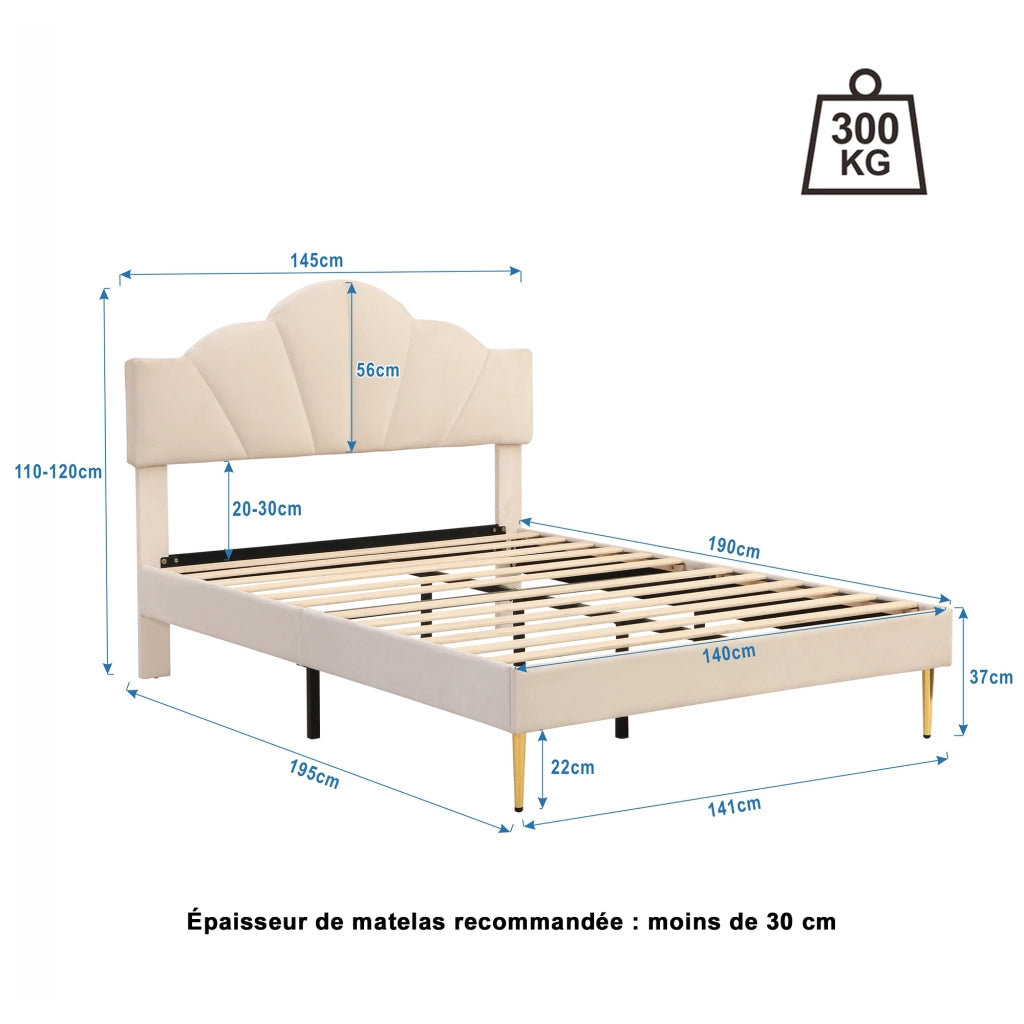 Letto matrimoniale imbottito in velluto beige 140x190 cm con testiera regolabile e rete a doghe