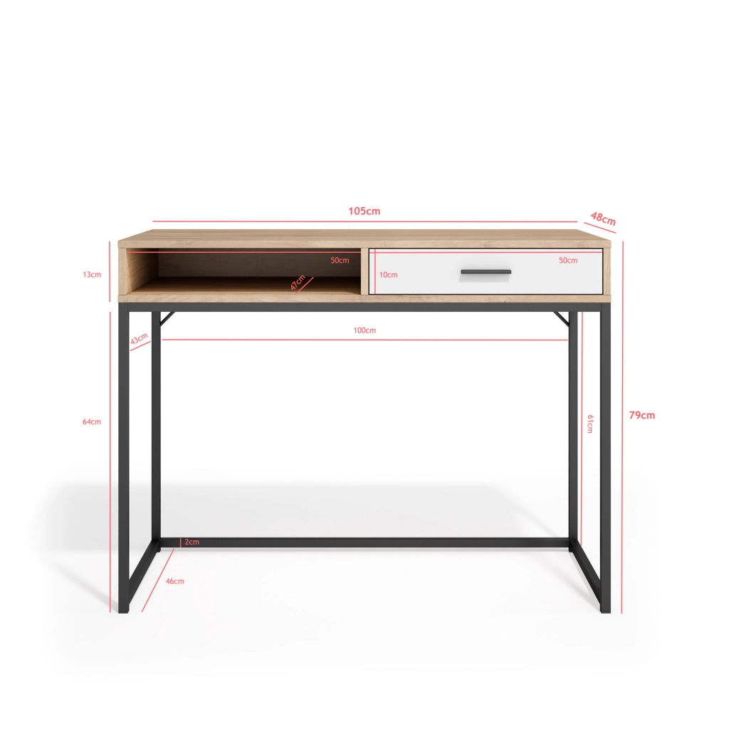 Scrivania Herdasa metallo e effetto rovere chiaro cassetto bianco 79x105x48