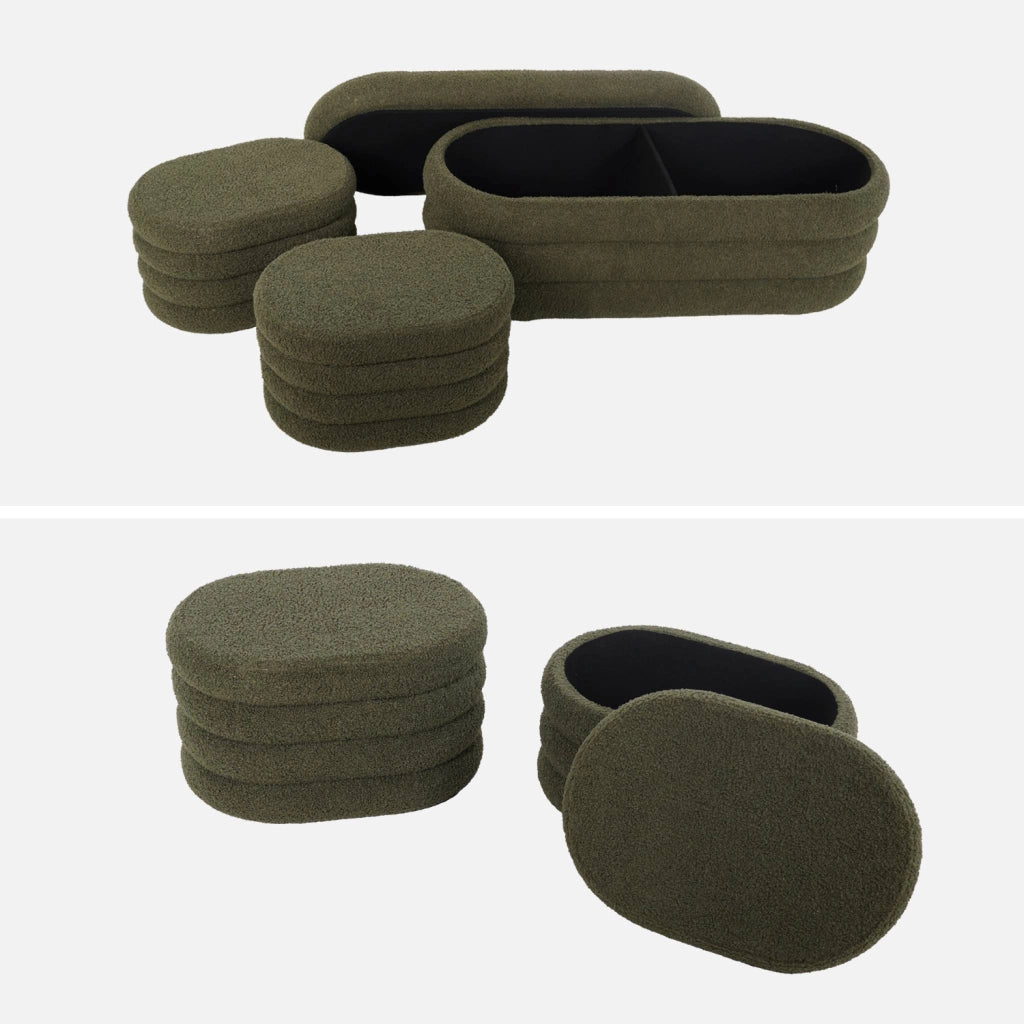 Panca contenitore con 2 pouf contenitori bouclé, verde kaki