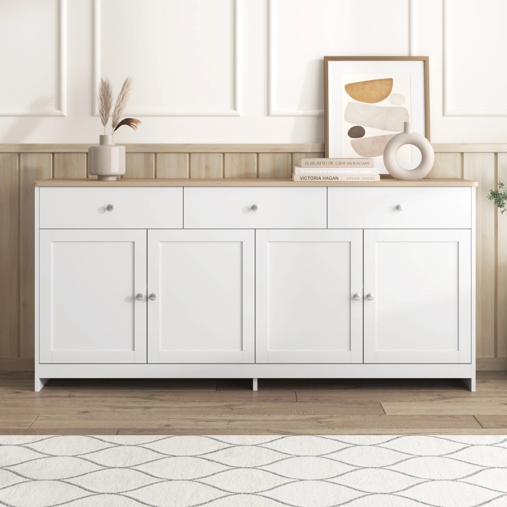 Credenza con 4 Ante e 3 Cassetti; Ripiani Regolabili; Stile Country; in MDF; Bianco; 160??37??75 cm