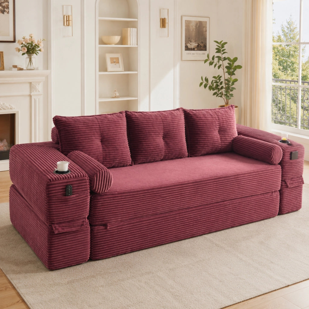 Divano convertibile con tasche laterali, portabicchieri e cuscini memory in corduroy rosso vino 232 × 98 × 80 cm
