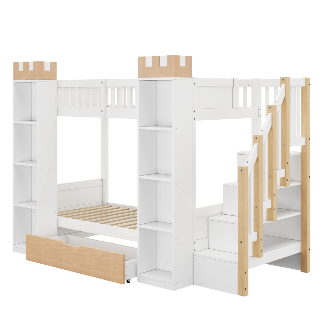 Letto a castello per bambini 90x200 cm con scala contenitore; cassetti e ripiani; bianco