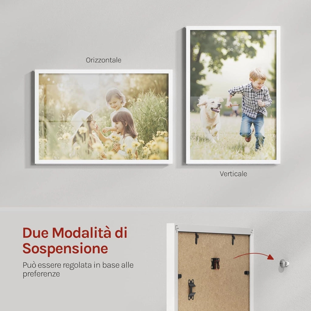 Set di 3 Cornici 50x70 cm con Passepartout, Portafoto in Orizzontale o Verticale, da Parete o Tavolo, in Legno MDF, Bianco
