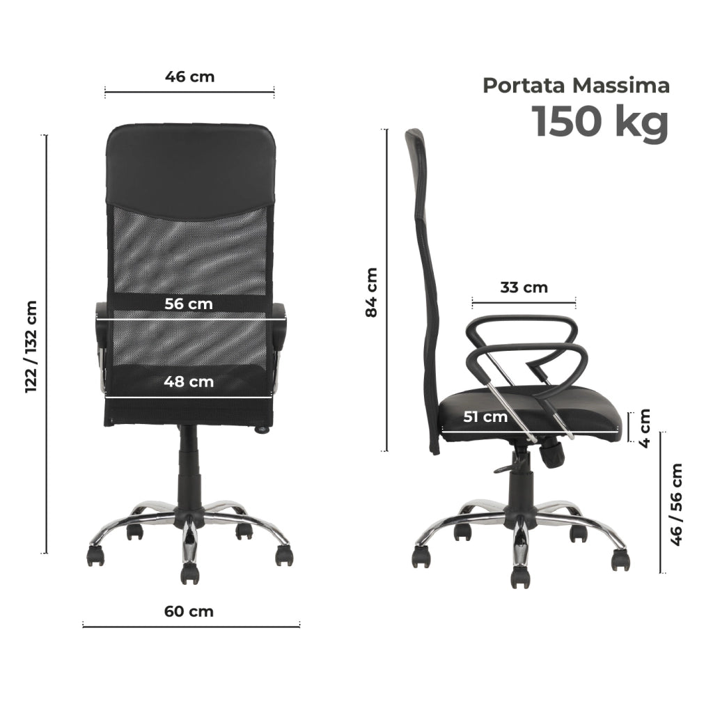 Sedia Presidenziale da Ufficio Ergonomica in Ecopelle e Rete Traspirante, Schienale Alto con Supporto Lombare, Altezza Regolabile, Base Cromata e Ruote 360