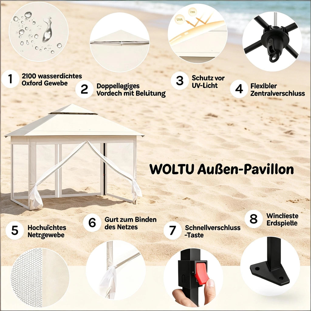Gazebo Pieghevole da Esterno 3 x 3 m Beige Struttura in Ferro Tessuto Oxford Protezione Ombra Ventilazione