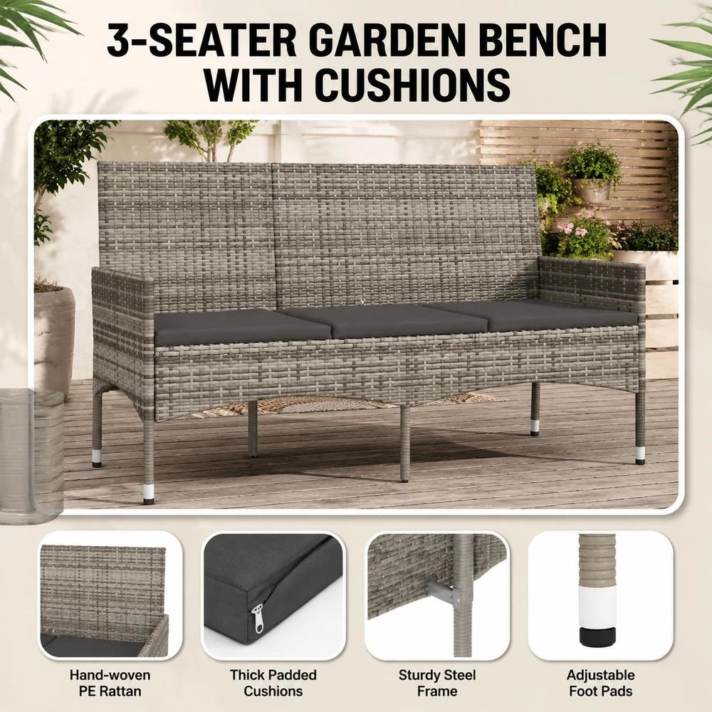 3-seater Garden Bench With Cushions, Grey Poly Rattan