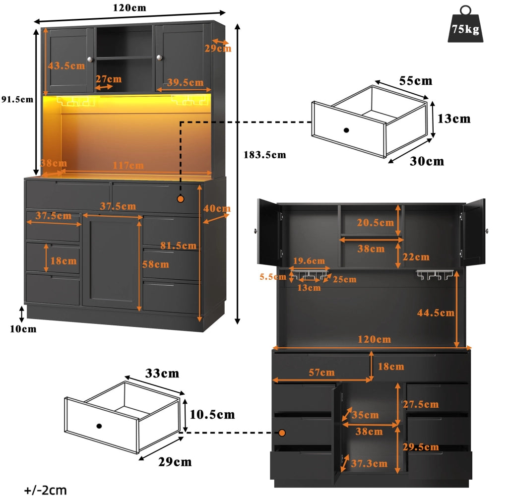 Armadio cucina 120x40x183.5 cm con illuminazione LED; 8 cassetti; MDF; nero