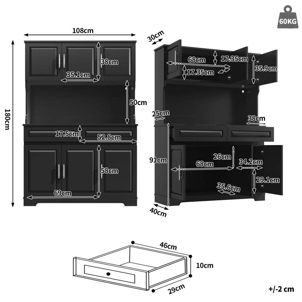 Mobile Alto da Cucina con LED e Ripiani Regolabili ¨C MINIMAL ¨C Nero 108x40x180