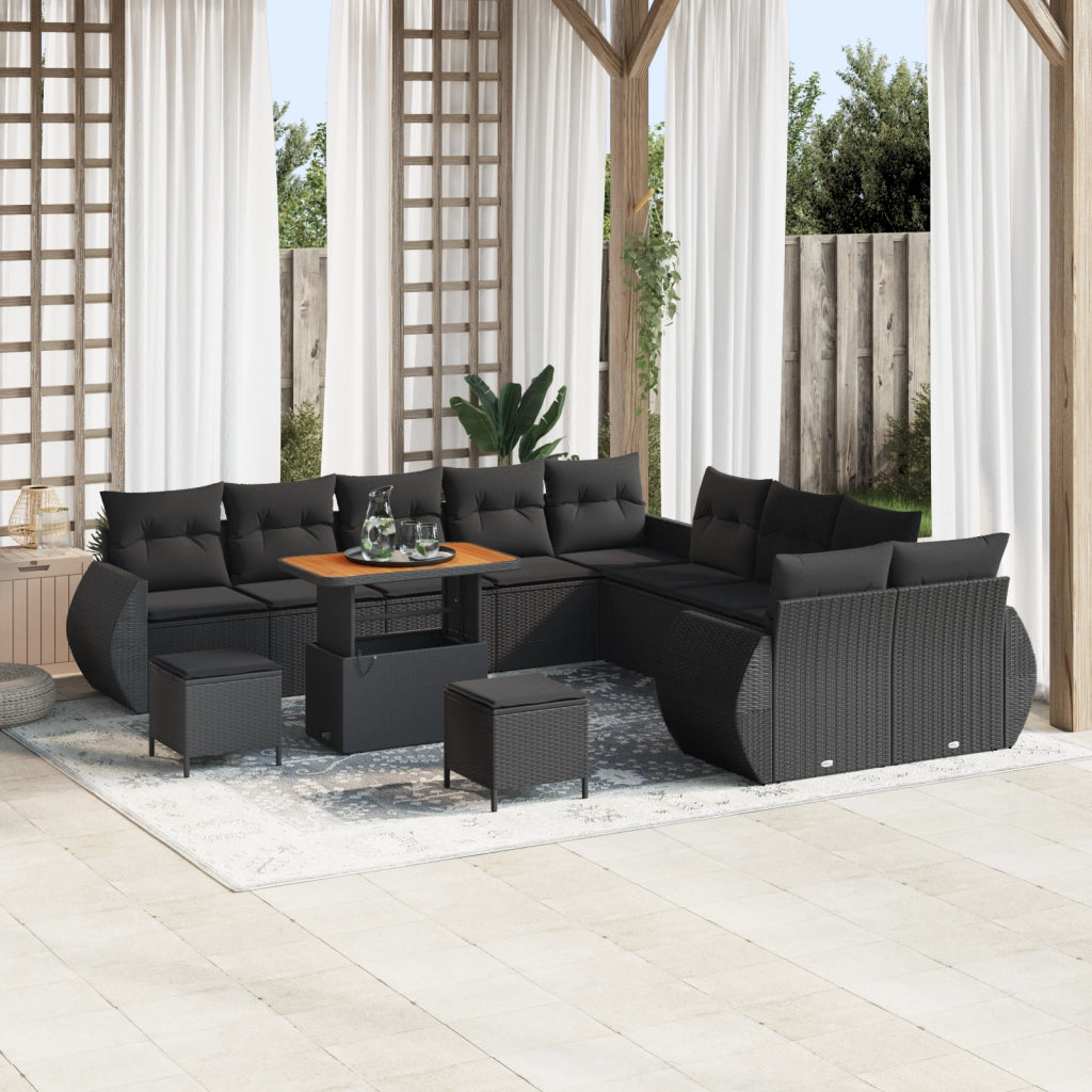 Set di divani da giardino da 13 pezzi con cuscini neri in polyrattan e acacia
