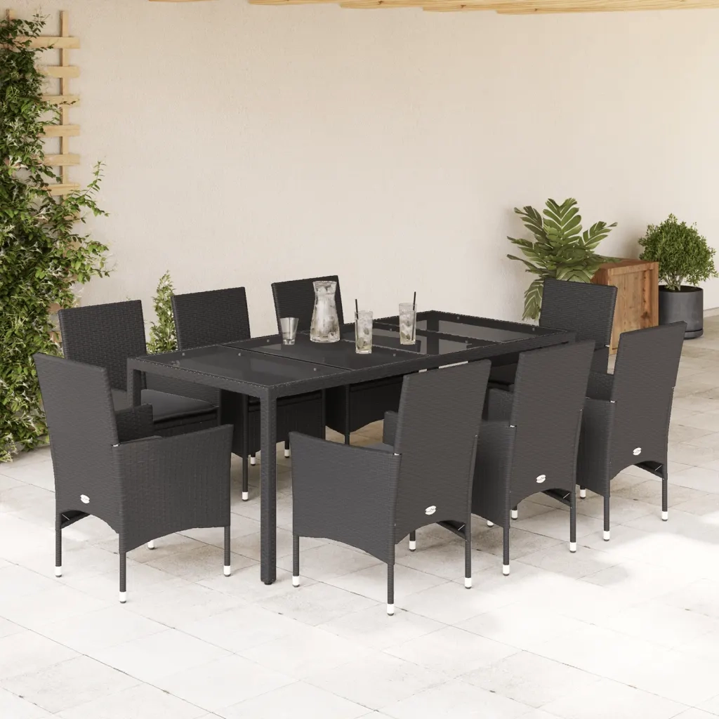 Set da Pranzo da Giardino 9 pz con Cuscini Polyrattan e Vetro