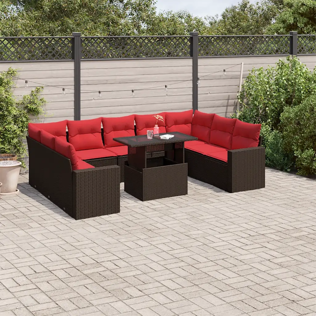 Set Divani da Giardino 10 pz con Cuscini Marrone in Polyrattan 3267484