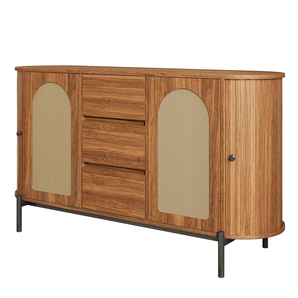Credenza Ovale con Ante a Scorrimento in Rattan, Cassetti e Ripiani ¨C MINIMAL ¨C Legno e Metallo