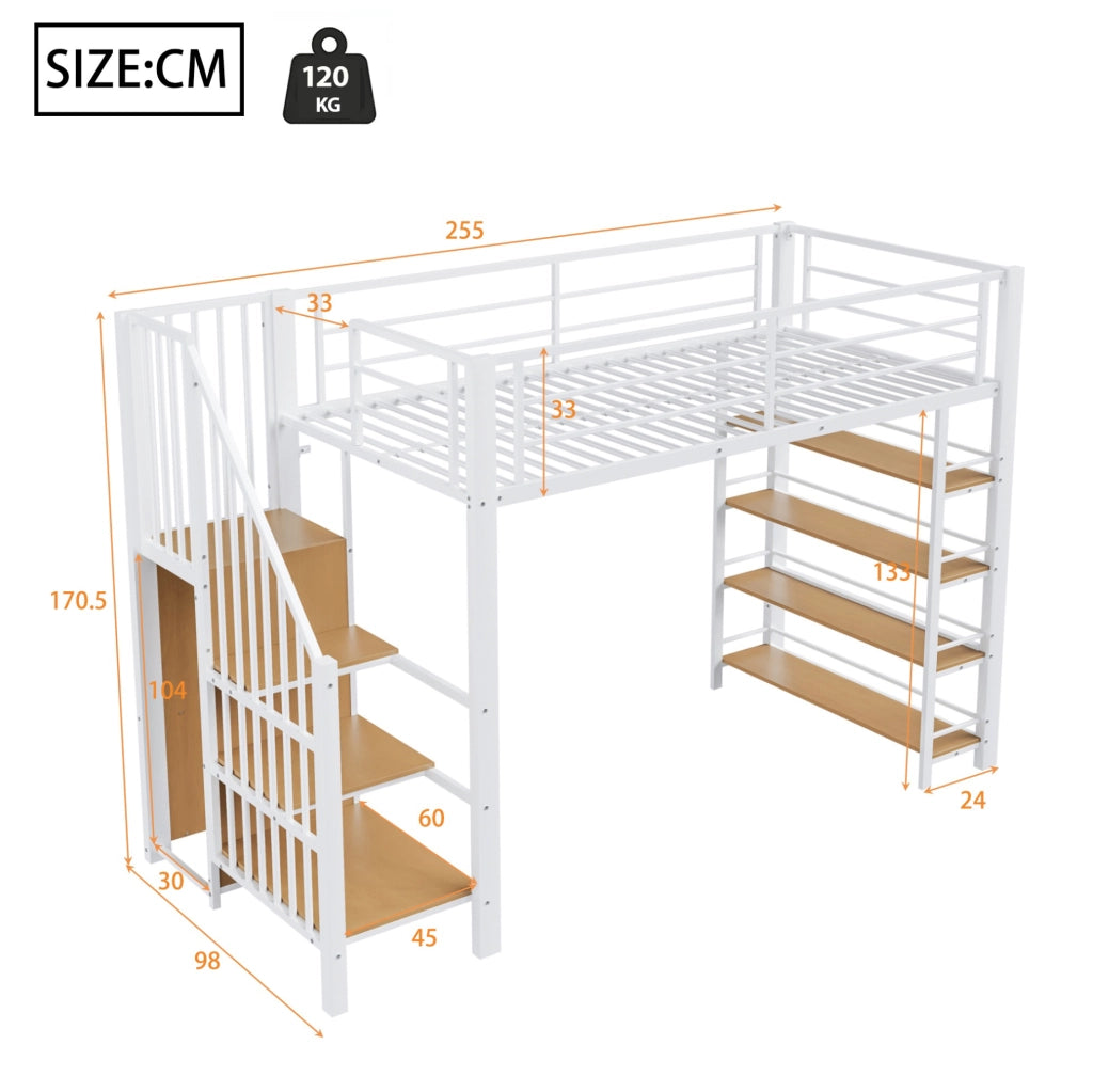 Letto a soppalco 90x200 cm in metallo bianco con scala; guardaroba e ripiani