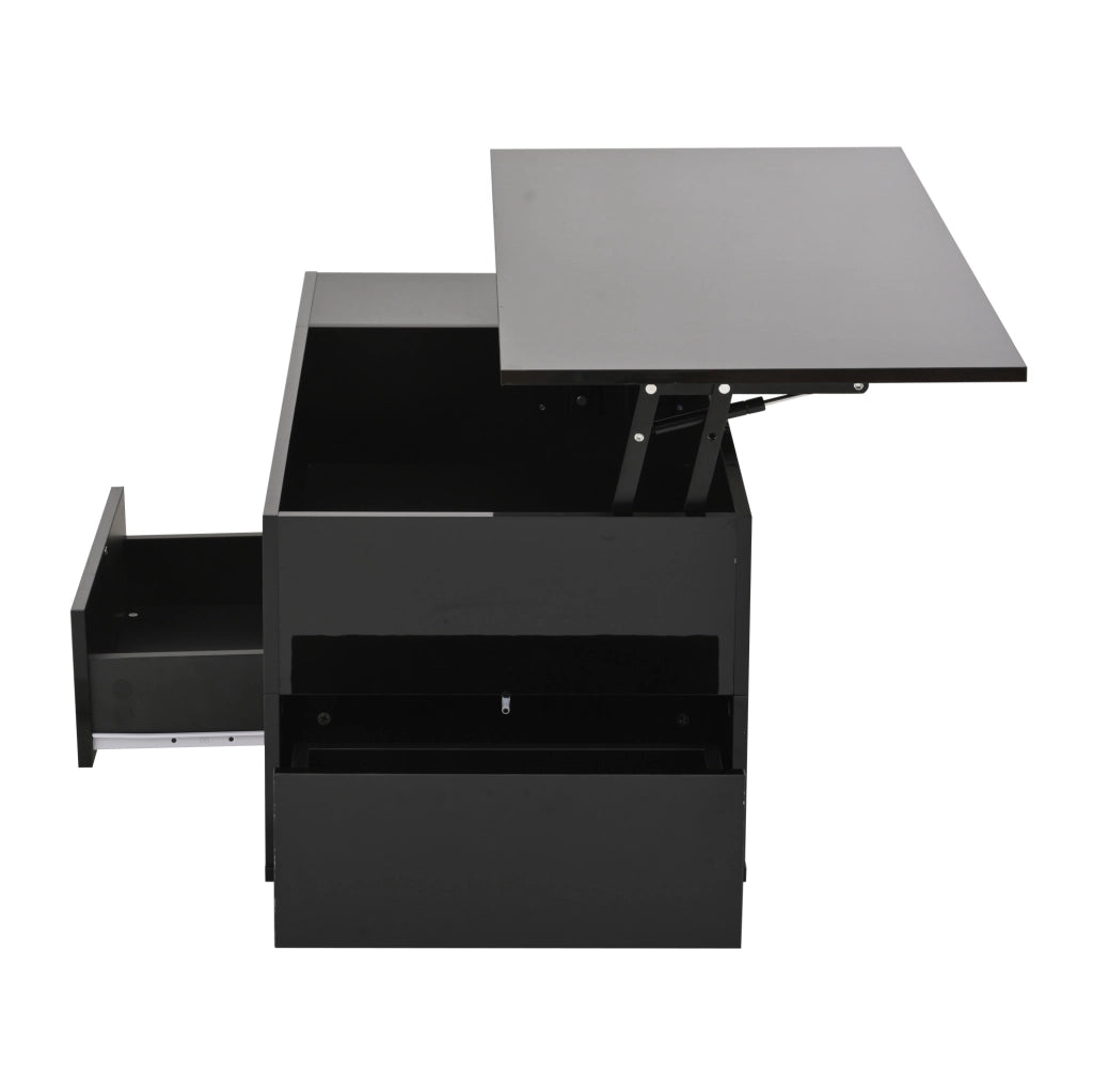 Tavolino da caffè 100x50x45 cm con alzata idraulica; LED; 2 cassetti e 2 sgabelli; truciolare nero