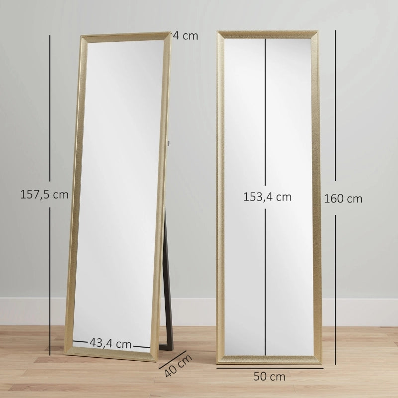 Specchio da terra a figura intera 160 x 50 cm, finitura oro, posizionamento flessibile