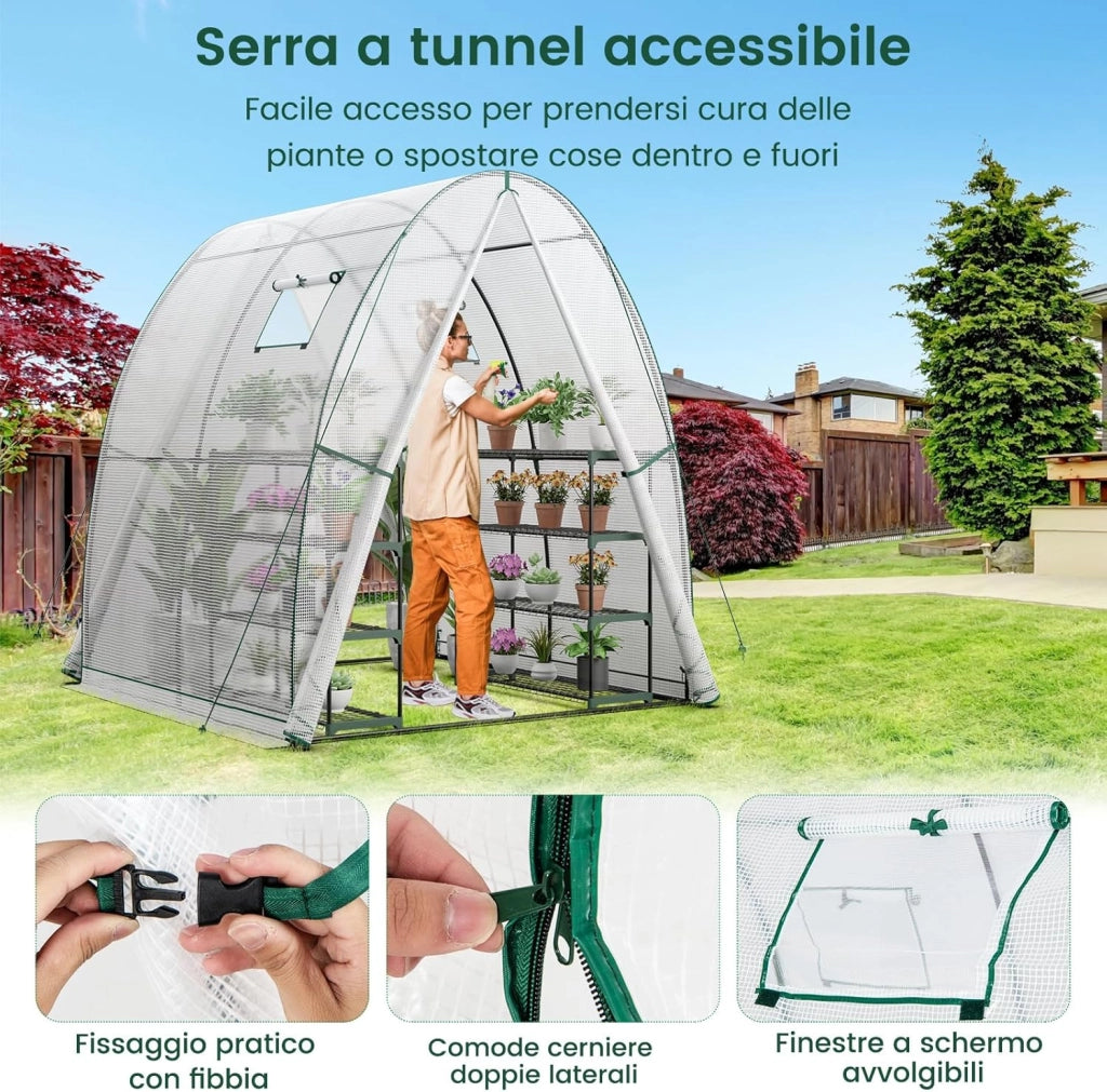 Serra da Giardino 181 x 181 x 200 CM, Serra a Tunnel da Esterno con 2 Porte con Zip, 2 Finestre, Copertura in PE Impermeabile e Tasche Laterali, Serra Invernale per Giardino (Bianco)