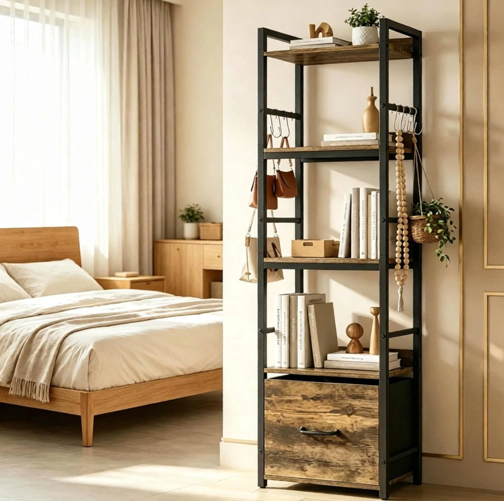 Libreria 4 livelli 39x26x136，5 cm legno e metallo marrone con cassetto