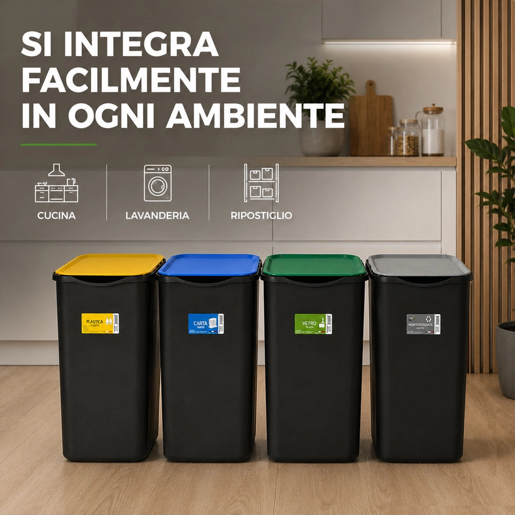Set 4 Pattumiere Bidoni Raccolta Differenziata Spazzatura da 50 L 37.5x36x62 cm