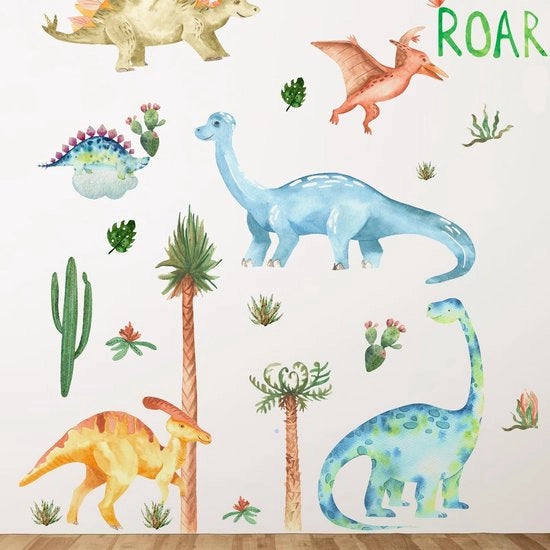 Decorazione per Parete con Dinosauri - 39 Pezzi - Adesiva - Disegni Cartoon Carini - Palma/Cactus - Aderen Resistenti