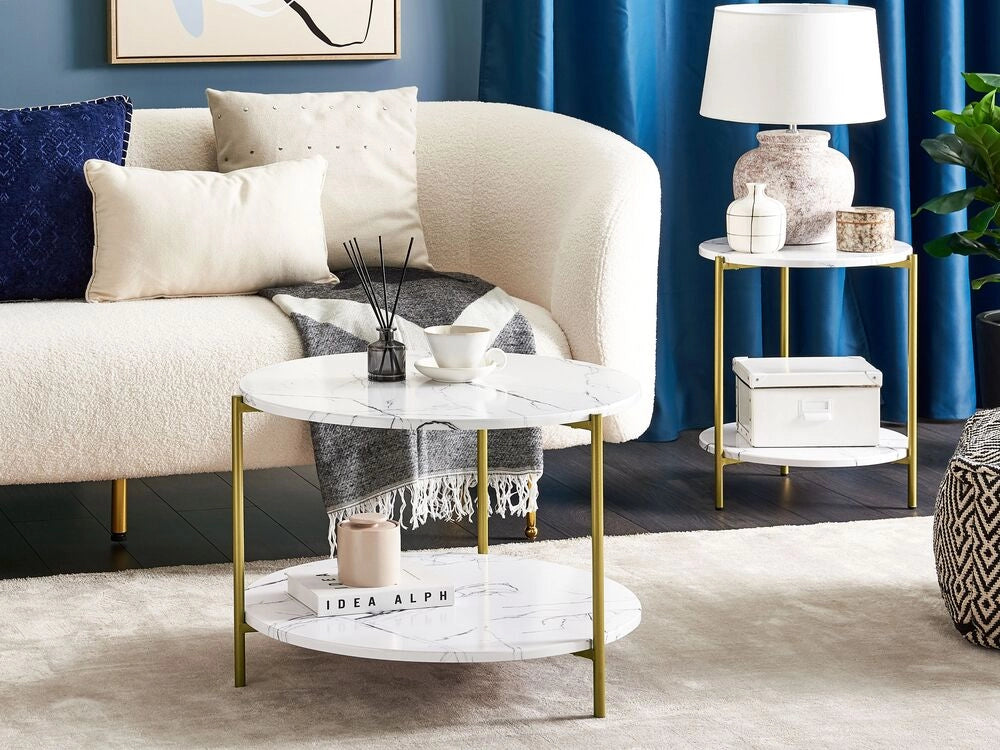 Tavolino bianco mdf dorato e metallo ⌀ 60 cm ripiano effetto marmo gambe moderno glam soggiorno