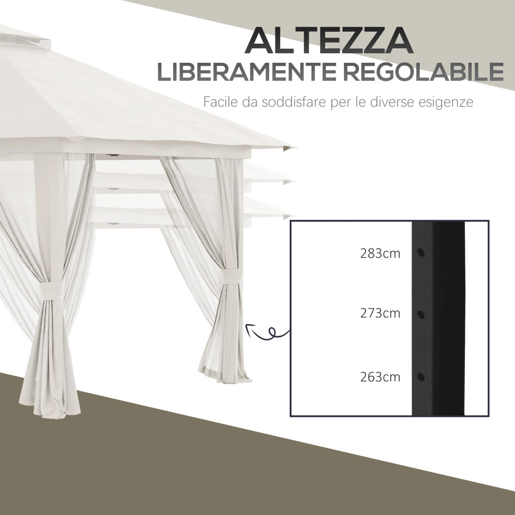 Gazebo Pieghevole 4x4 m ad Altezza Regolabile con Zanzariera e Borsa in Metallo e Tessuto Oxford Crema