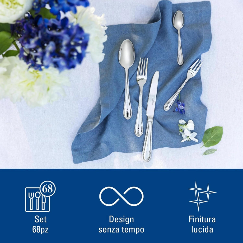 Villeroy & Boch - Mademoiselle Set di Posate 68 Pezzi Argento, Lavabile in Lavastoviglie, 12 Persone Platino, Forchette, Coltelli, Cucchiaio, Acciaio Inossidabile