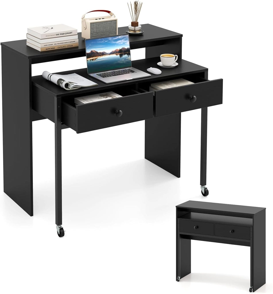 Scrivania per computer con piano estensibile, 100 x 63 x 88 cm, 2 cassetti e ripiano aperto, design compatto con ruote, tavolo da lavoro per camera da letto, ufficio (marrone)