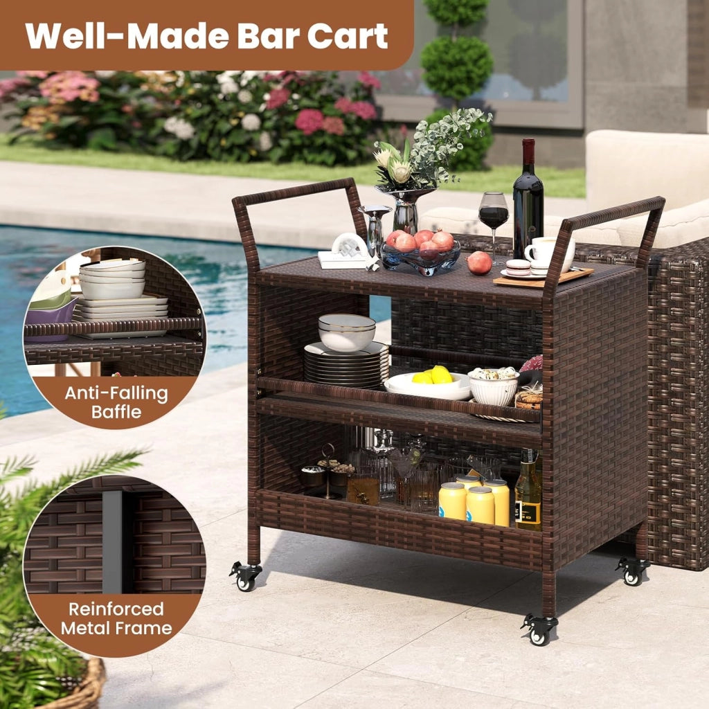 Carrello da portata per esterni, in rattan, da cucina su ruote, con 3 livelli con maniglie laterali, per barbecue, per giardino, piscina, terrazzo, 86 x 50 x 89 cm
