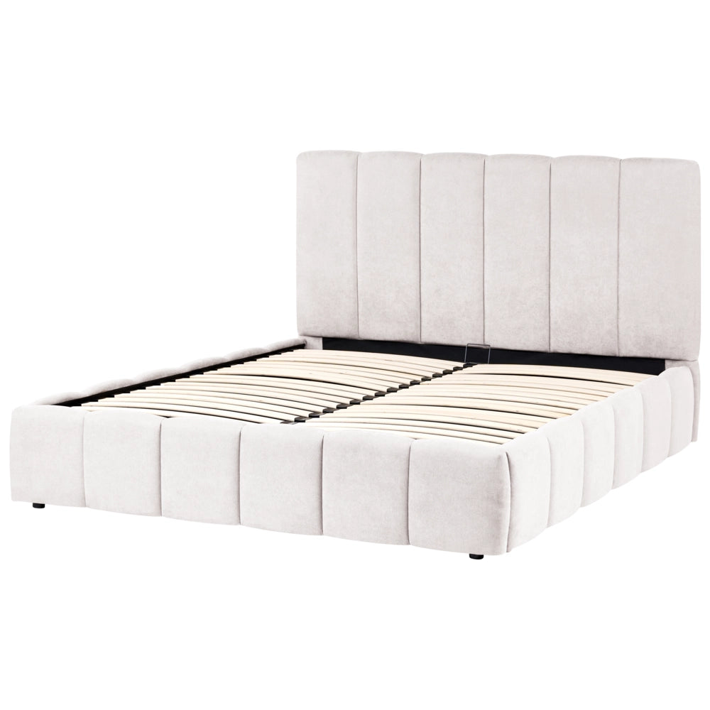Letto matrimoniale contenitore con trapuntatura verticale in tessuto bianco sporco 160x200 cm struttura sollevabile e testiera alta