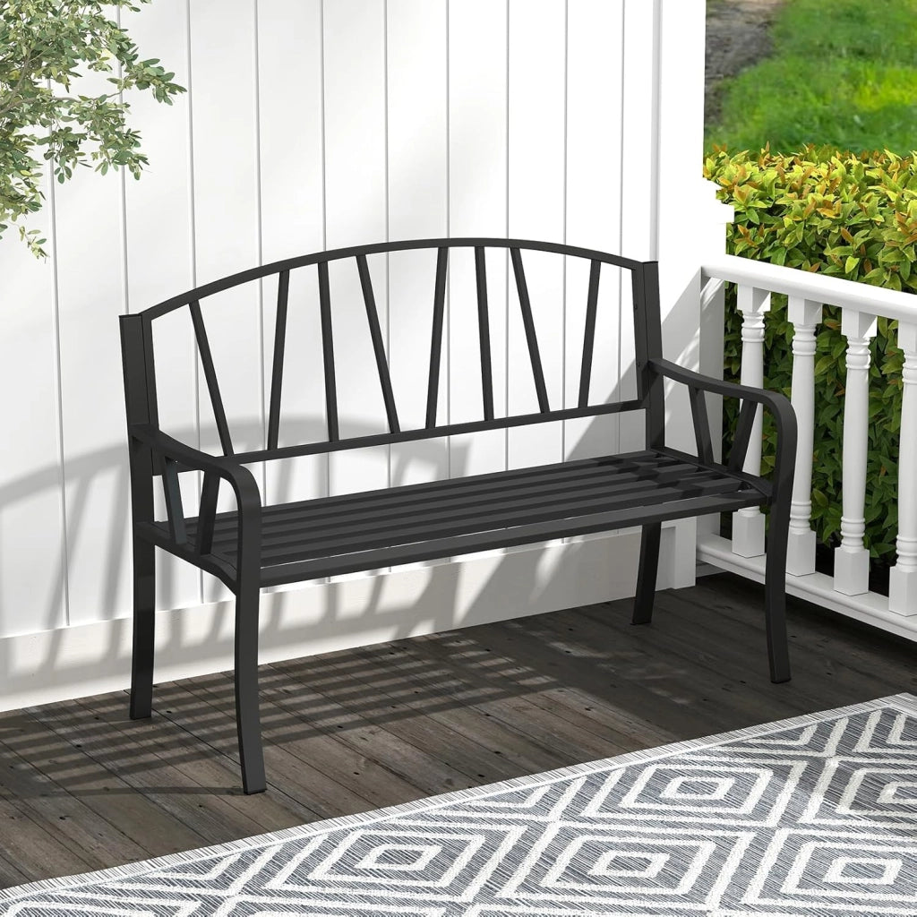Panca esterna da giardino, seduta a doghe per 2-3 persone, capacità 300 kg, schienale semplice, braccioli curvi, panca da giardino in metallo robusto per terrazza, parco (129 x 53 x 93 cm)