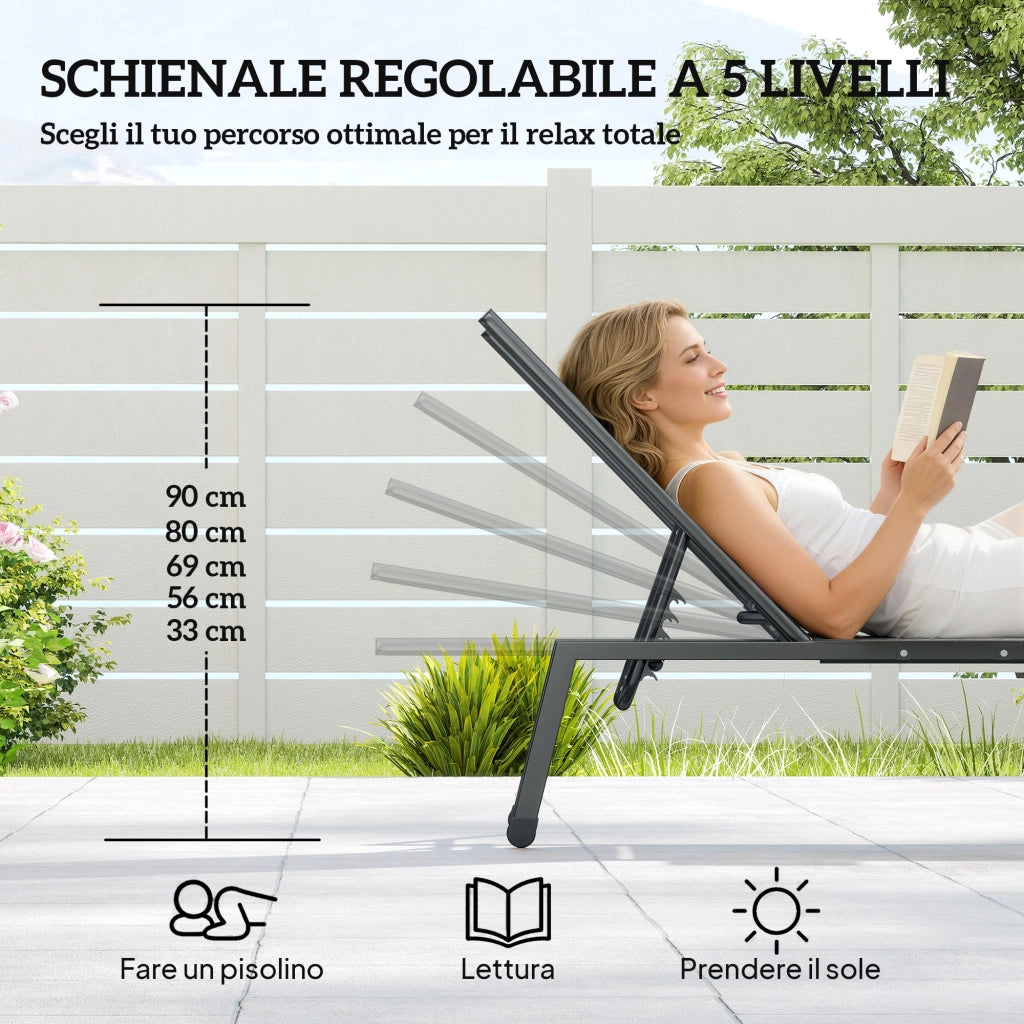 Set 2 Lettini Prendisole Regolabili in 5 Posizioni con Tavolino Laterale e 2 Ruote, in Metallo e Poliestere, Grigio