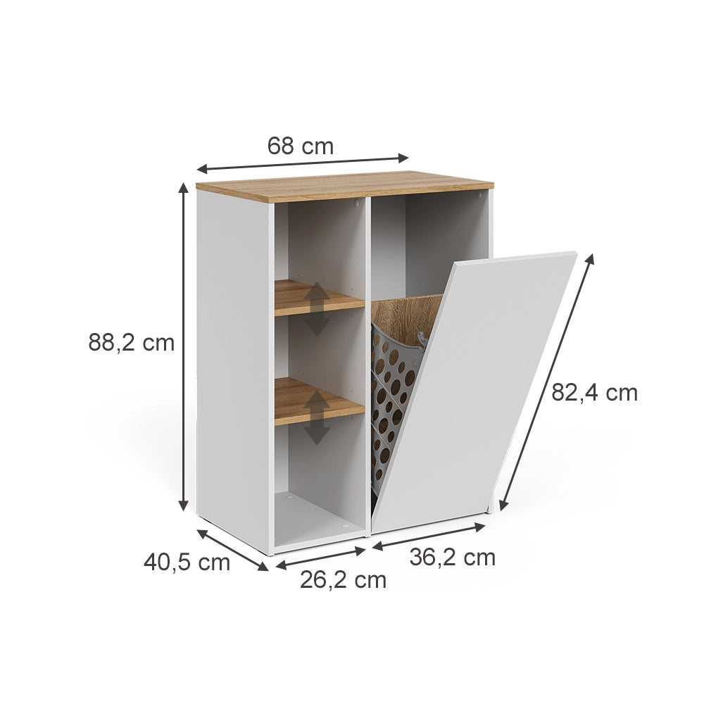 Vicco armadietto da bagno con portabiancheria Bianco/Artisan 68 x 88.2 cm con ripiani aperti e cesto portabiancheria