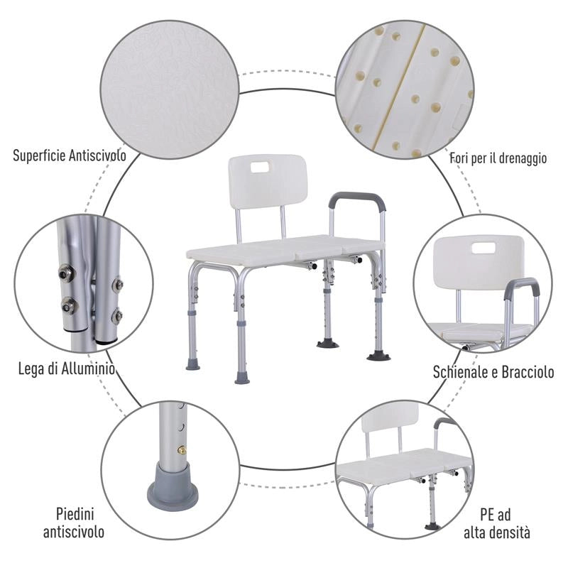 SEDIA PER DOCCIA E VASCA ALTEZZA REGOLABILE 6 LIVELLI ANTISCIVOLO 79X57X80-92CM