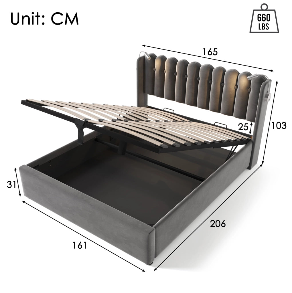 Letto matrimoniale 160x200 cm in velluto grigio con luce da lettura; USB e contenitore
