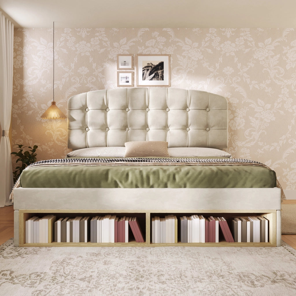 Letto con Cassetti 140 x 200 cm - Mensole e Testiera Regolabile - Beige