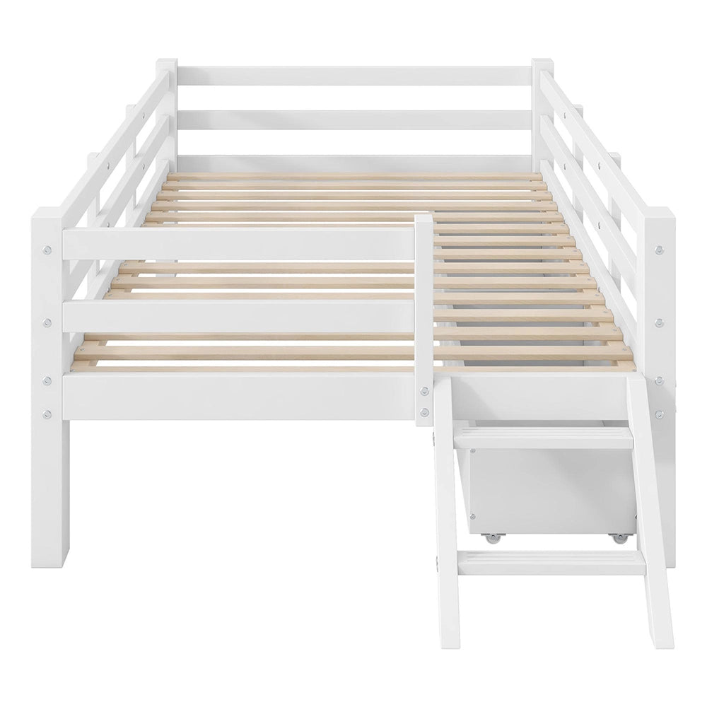 Letto 90x200cm in legno - Xylo - piattaforma 2 cassetti barriera bianco