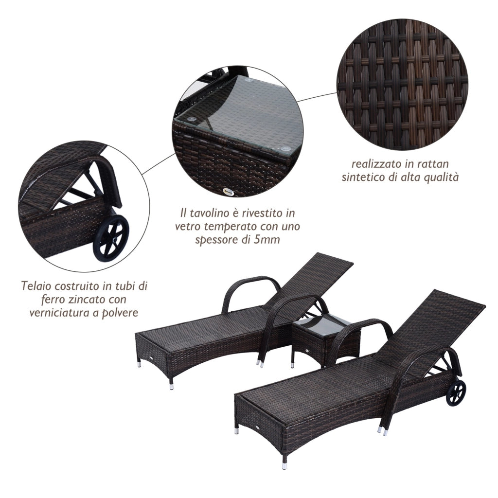 Easycomfort Set da Giardino con 2 Sedie a Sdraio con Schienale Reclinabile e Tavolino Basso in Rattan PE, Marrone