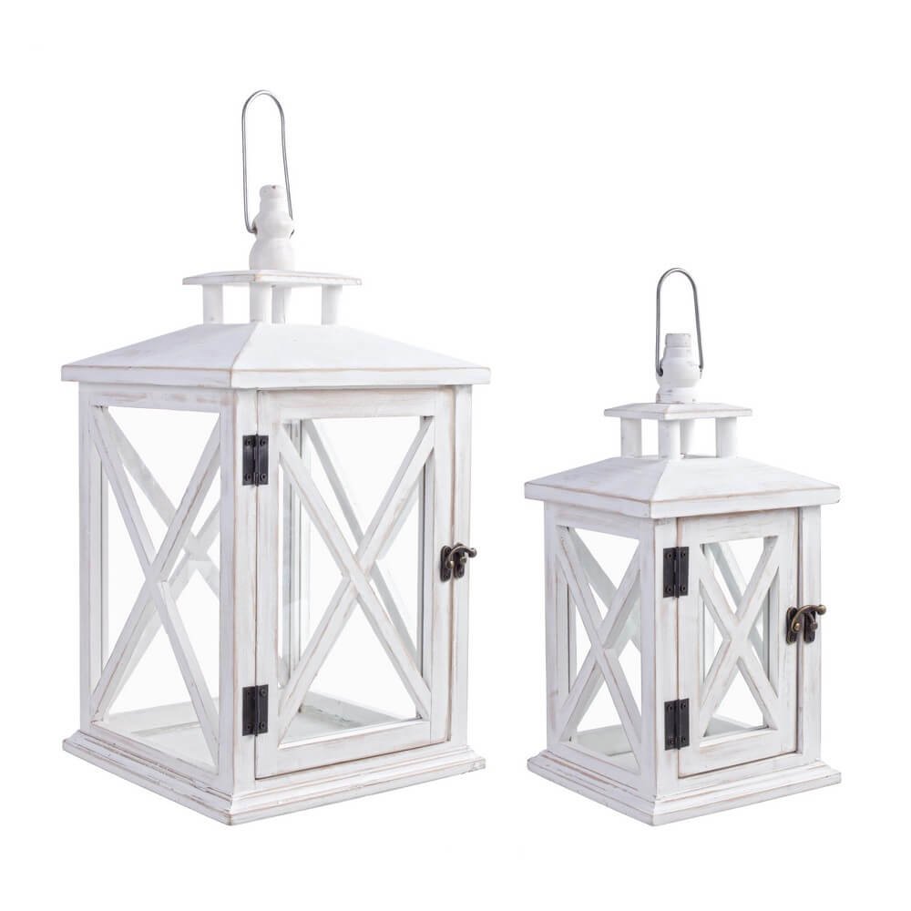 Set 2 Lanterne Legno Bianco Rustiche da Interno - BUTLER