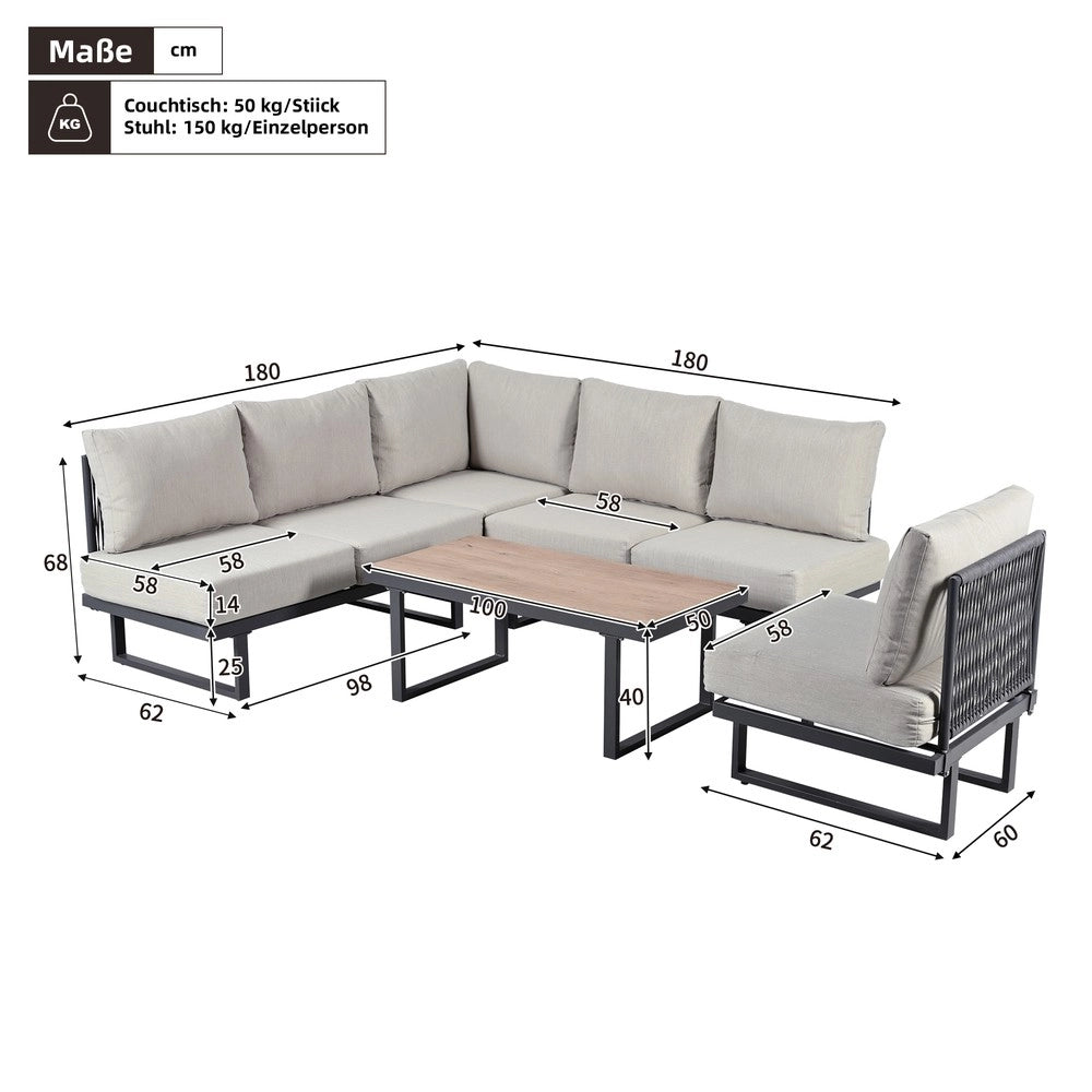 Set da giardino angolare - Zephmum - Trasformabile in lettino, acciaio zincato, colore grigio-beige
