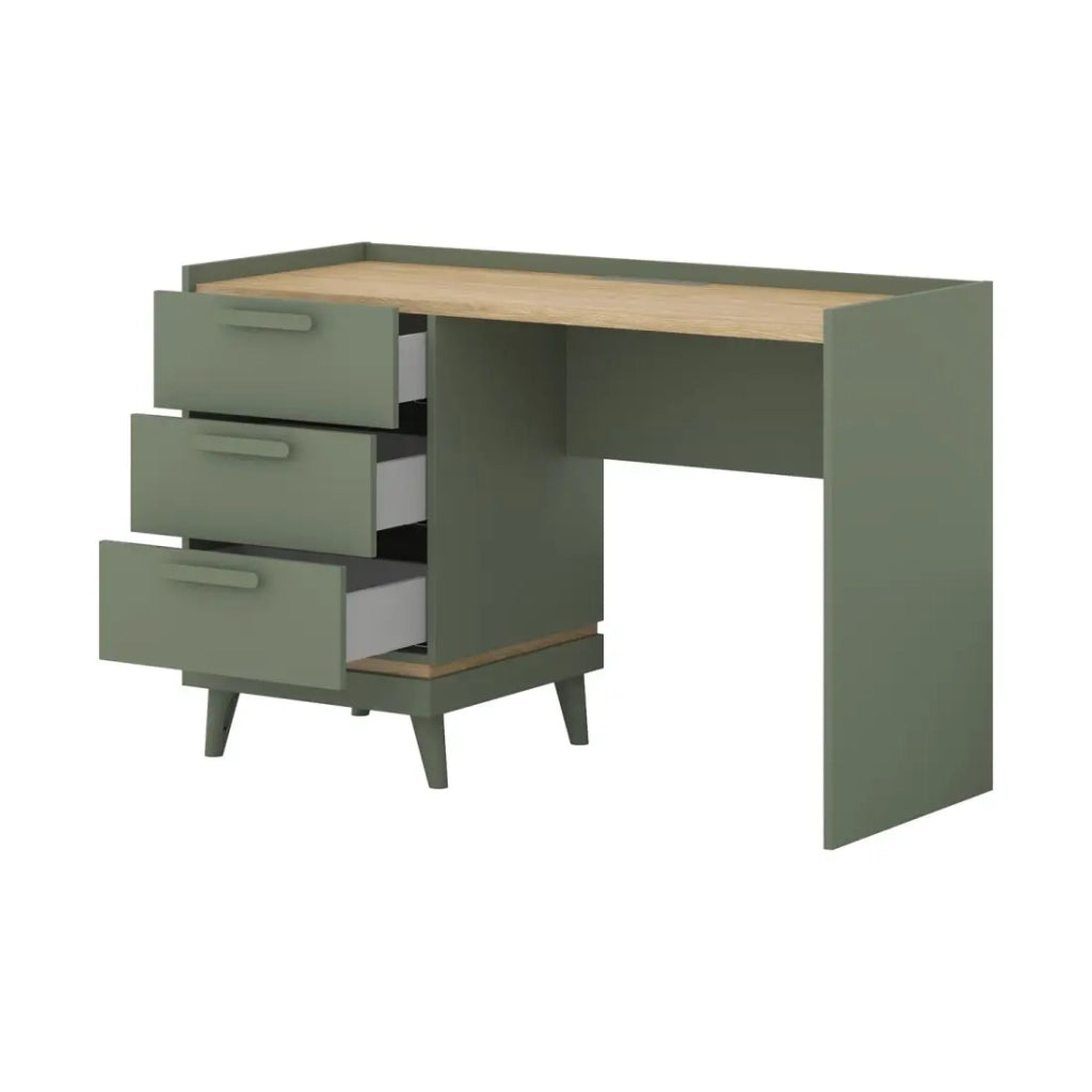 Set ufficio NOKI – Scrivania + armadio per archiviazione + libreria – Verde e legno scandinavo