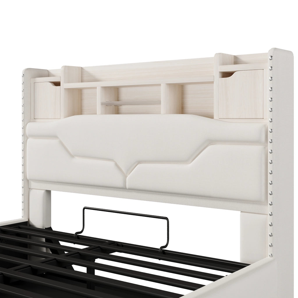 Letto Contenitore Letto Matrimoniale 140x200 cm con USB; Type-C; LED e vano testiera - Beige