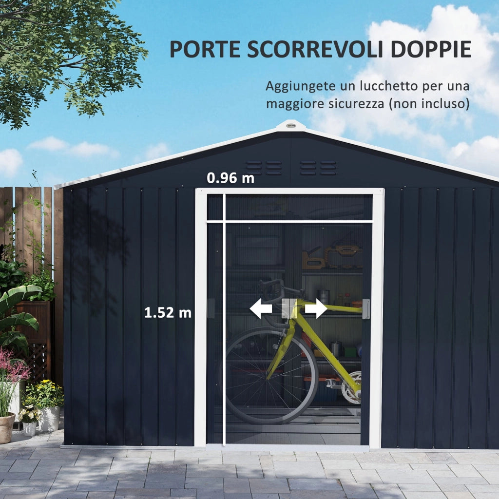 Casetta Box da Giardino Porta Attrezzi 277x195x192 cm con 2 Porte Scorrevoli Grigio Scuro