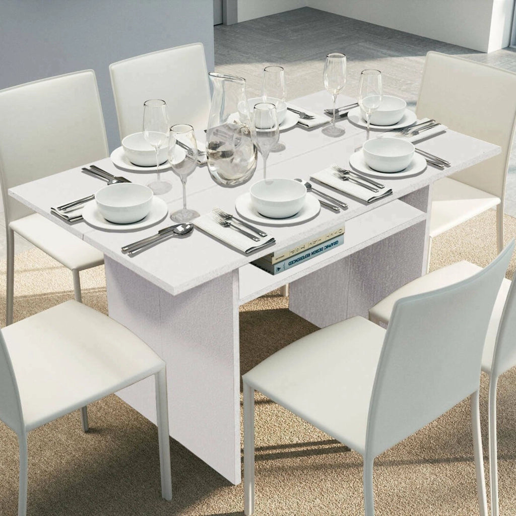 Tavolo allungabile Agrippino, Tavolo da pranzo con apertura a libro, Consolle multiuso allungabile, Made in Italy, Cm 120x70h75, Bianco