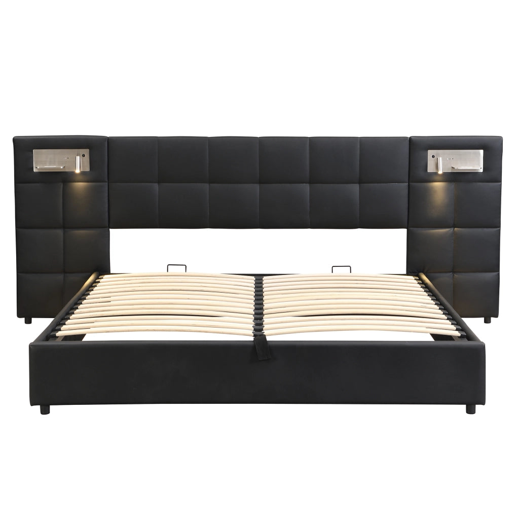 Letto matrimoniale imbottito 180x200 cm in PU nero con USB; ricarica wireless e contenitore