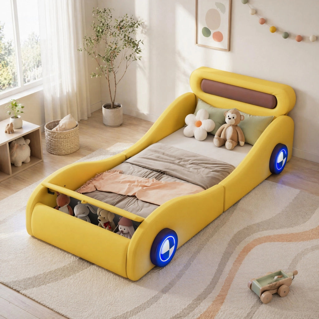 LETTO singolo 90x200 cm stile auto in PU giallo con ruote luminose
