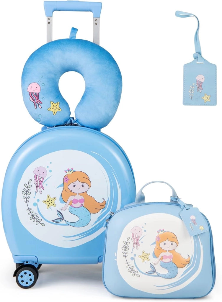 Set di Valiglie per Bambini, Set da 4 Pezzi con Trolley, Zaino, Cuscino per Collo ed Etichetta per Bagaglio, Valigia a Mano da Viaggio con Ruote Universale e Maniglia Regolabile (Pinguino)