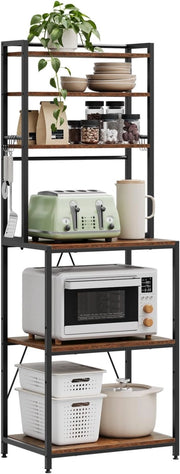 Scaffale da Cucina con 6 Ripiani, Scaffale per Microonde con 6 Ganci, Struttura in Metallo, Legno Ingegnerizzato, 60x40x167cm, Marrone Rustico+Nero