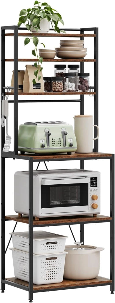 Scaffale da Cucina con 6 Ripiani, Scaffale per Microonde con 6 Ganci, Struttura in Metallo, Legno Ingegnerizzato, 60x40x167cm, Marrone Rustico+Nero